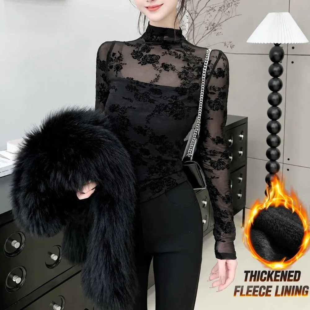 Floral Print Mesh Blouse Slim Fit Semi‑Sheer Mesh Turtleneck Shirt Stretchy Fabric Fleece Lined Option Women Base Top
