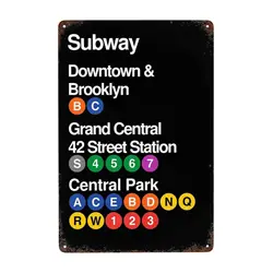 Metal Tin Sign 8x12 In Vintage New York City Subway Downtown & Brooklyn Grand Central 42 Street Station Park, Wall Decor NYC