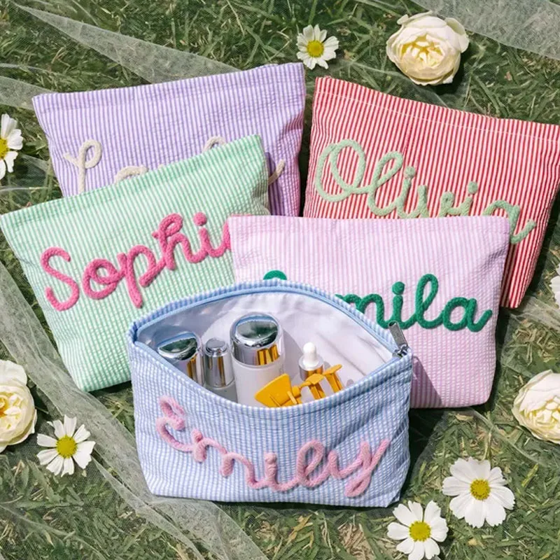 

Duoying Customized Embroidered Name Storage Bag with Striped Zipper PVC Toilet Bag for Wedding or Travel Personalized Gift