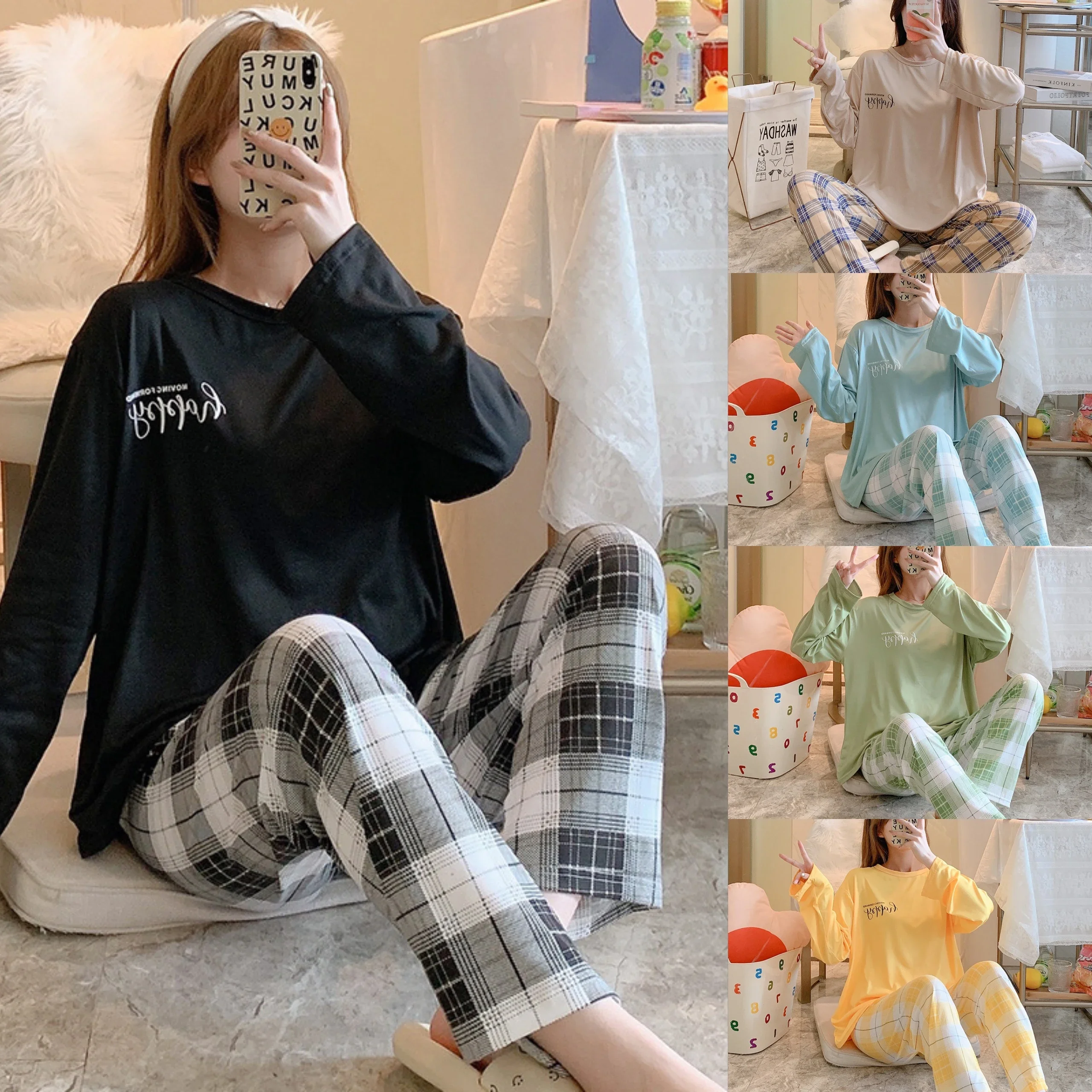 

New Women's Pajamas Two-Piece Female Spring And Autumn Summer Long-Sleeved Trousers Suit Simple And Can Be Worn Outside Homewear