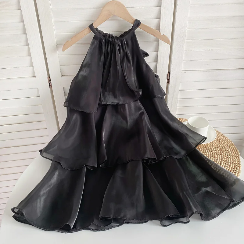Mini vestido de renda com cabeçada, organza perolada, babado sem mangas, bolo em camadas, boneca linha A, vestido de fada, festa, verão