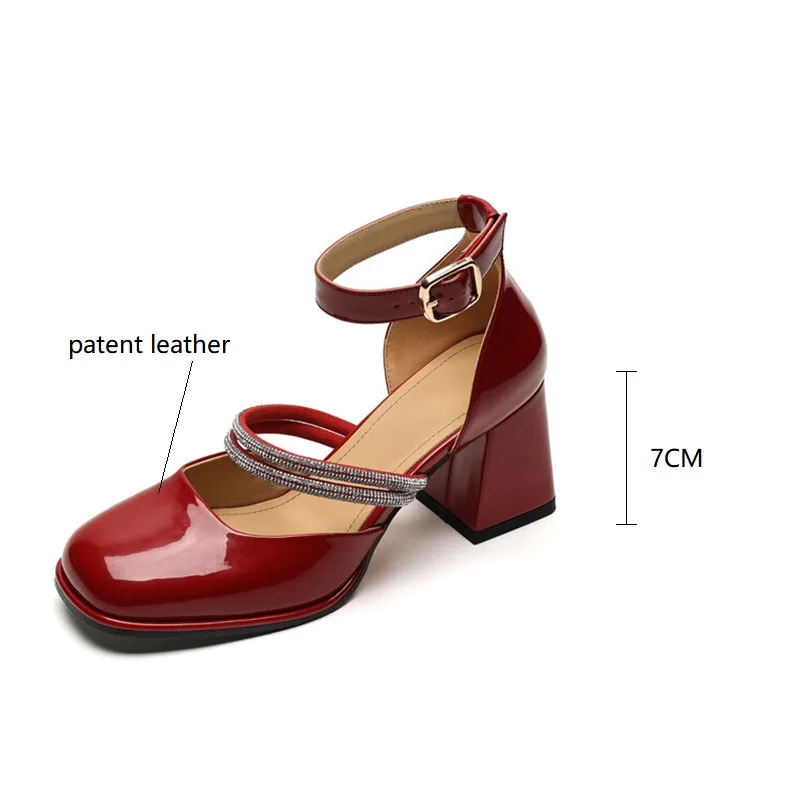 Patent Leather Summer Sandals Shoes for Women Cover Toe Sandals French Square Toe Chunky Heel Women Shoes Zapatos Mujer Handmade