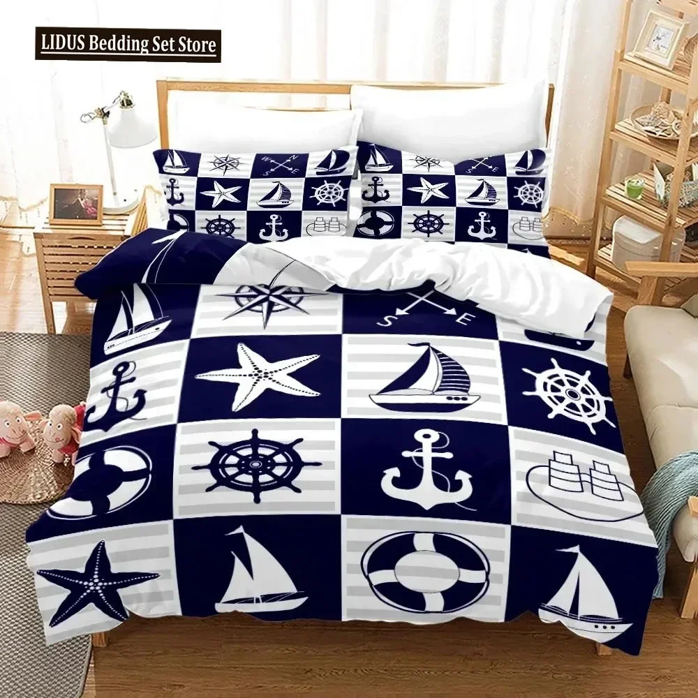 3D Print Anchor Duvet Cover Set,Nautical Classic Colors And Anchors Simplistic Design Sailor Ship Polyester Fashion Bedding Set