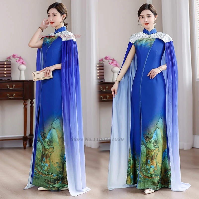 

2024 traditional chinese vintage dress improved cheongsam national flower print with cloak dress banquet evening dress qipao