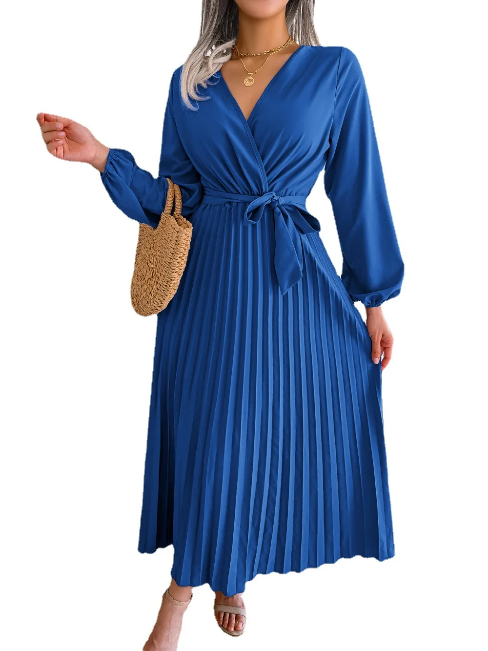 Elegant Lace Up Pleated Long Dress Women Cross V-Neck Long Sleeve High Waist Slim Swing Maxi Dresses Simple Solid Party Vestido