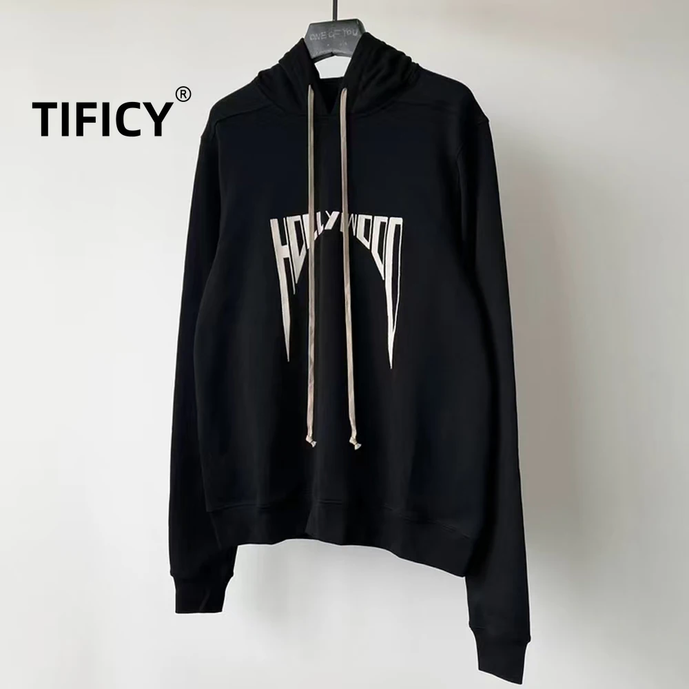 

High Street Dark RO Black Hooded Sweatshirts Cotton Men's Slogan Embroidered Letter Loose Fleece Casual Hoodie Sweatshirts