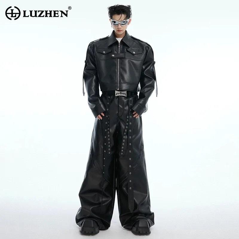 LUZHEN 2025 New Original Personalized Patchwork Belt Tassel Design Shoulder Pad Leather Jacket Men's Fashion Loose Pants LZ8664