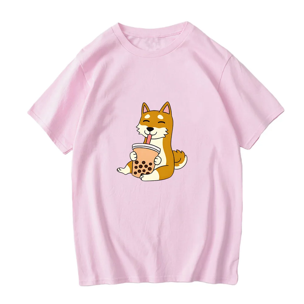 Dog Drinking Bubble Milk Tea Clothes Cute Fashion High Quality Round Neck Tshirts Men/women Comic Cotton Short Sleeve Tees Tops