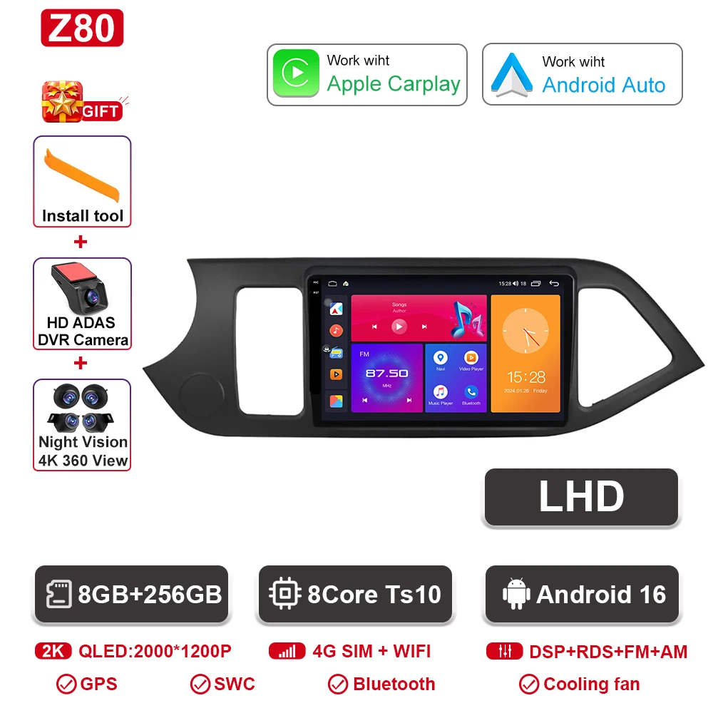 Android 16 Voor KIA PICANTO Ochtend 2011 2012 2013 2014 2015 2016 Carplay Auto Multimedia Autoradio Navigatie Speler WIFI + 4G DSP