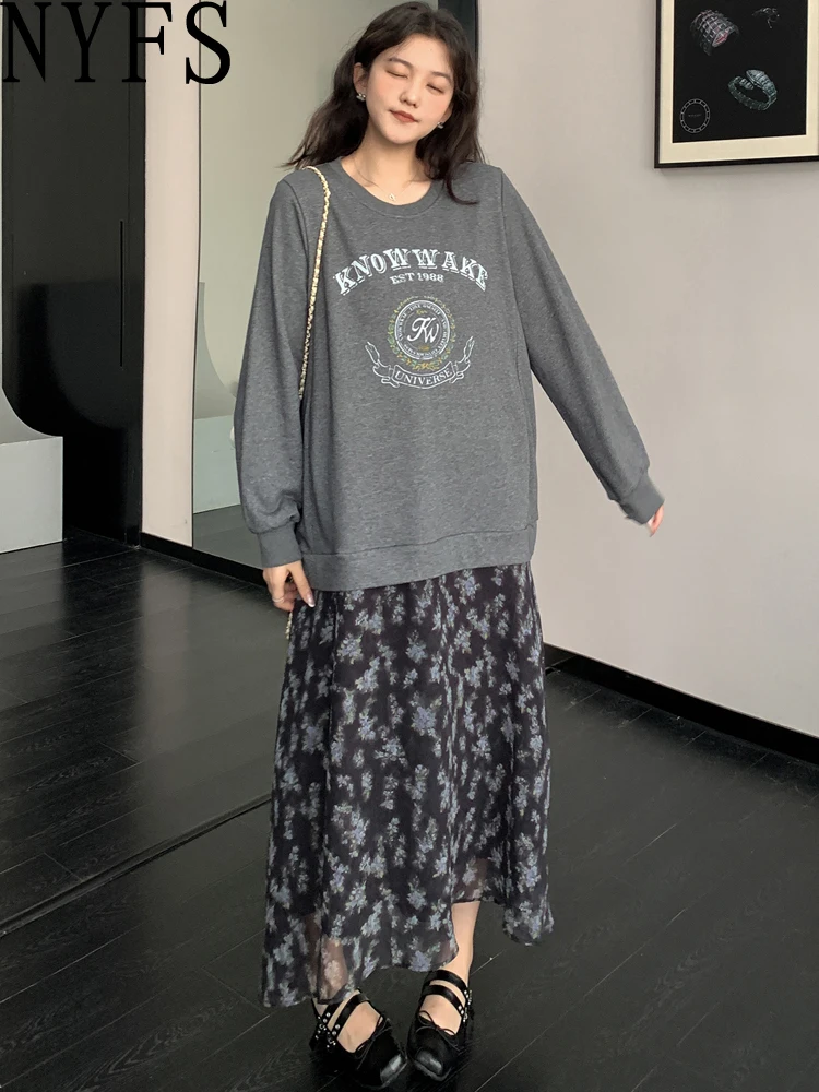 NYFS حجم كبير فستان طويل فضفاض مريح عادية الكورية نمط المرقعة طباعة هيم المرأة الخريف رداء قطع وهمية Elbise #1