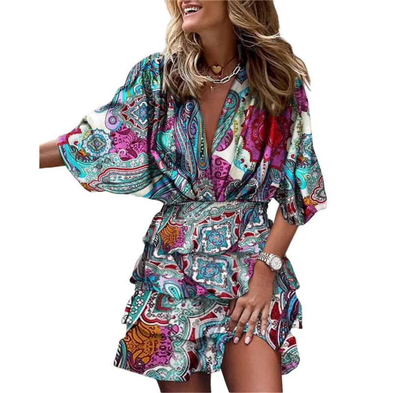 فستان نسائي للربيع والصيف والخريف بحافة غير منتظمة وأكمام خفاشية وياقة على شكل V، مصنوع من القطن الناعم مع مرونة متوسطة، تصمي... #2