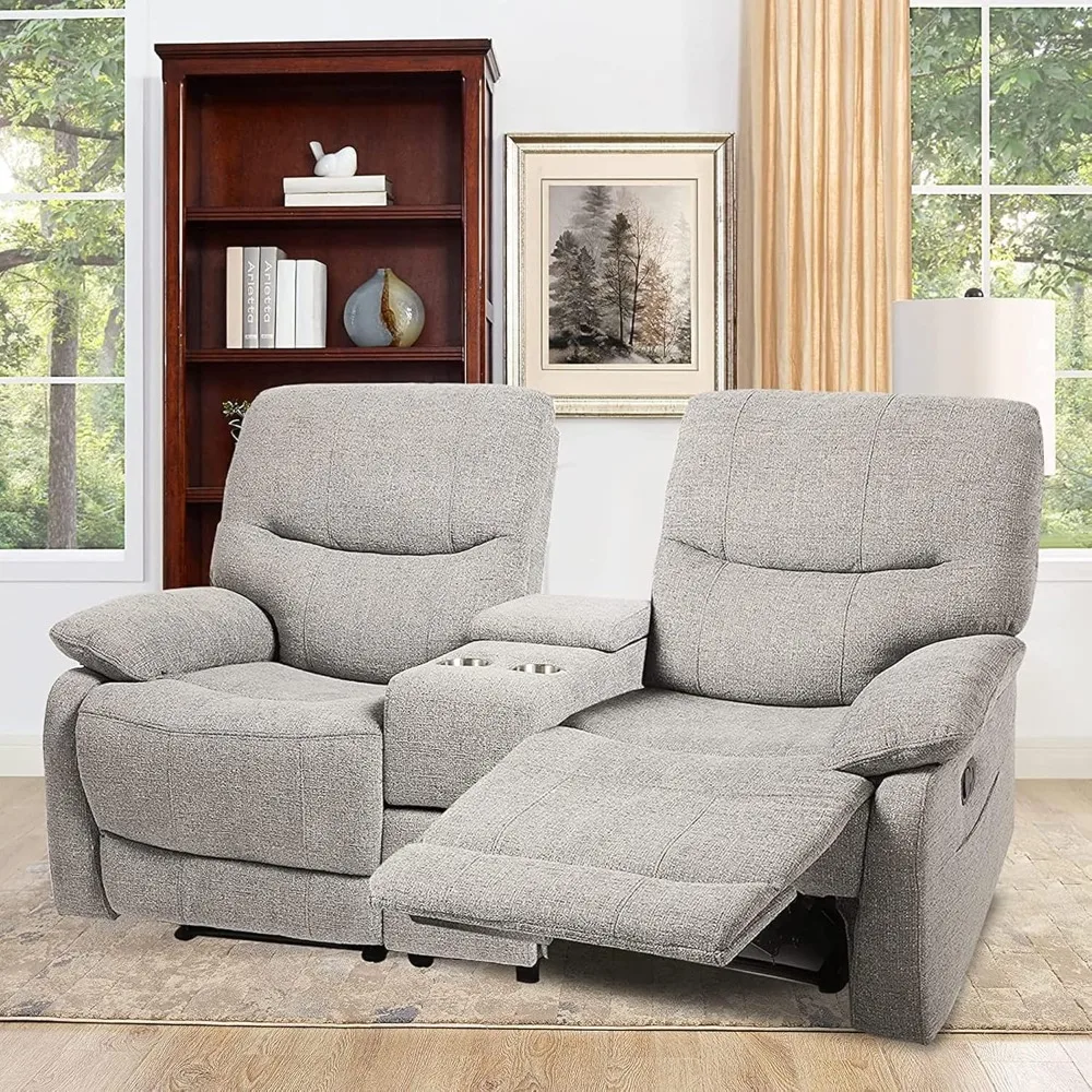 

Sofa, Double Reclining Loveseat with Console, 2 Seater Sofa Home Theater Seating, Fabric Recliner Sofa Couches with Storage and