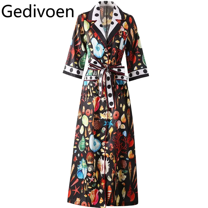 

Gedivoen Women's Fashion Design Long Dress Autumn and Winter Notched Single-Breasted Lace-UP Slim Half Sleeved Dresses