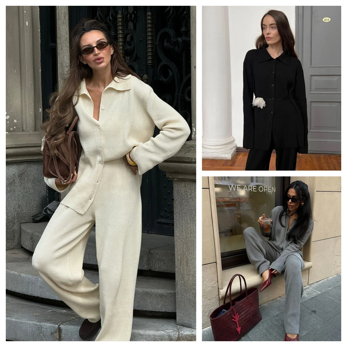 

2025 Autumn Lady's Casual Knitted Trousers Set Loose Solid Lapel Full Sleeve Shirt Thick Warm Soft Two Piece Sweater Outfit