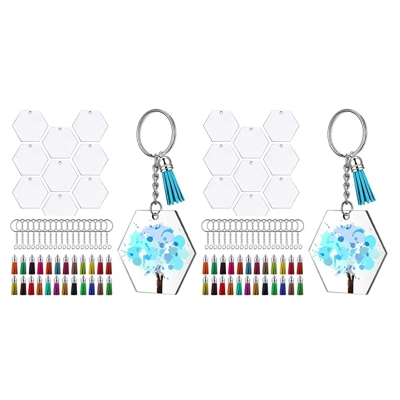 144Pcs Acrylic Transparent Discs Hexagon Keychain Blanks Charms And Tassel Pendants Keyring With Chain For DIY Crafts