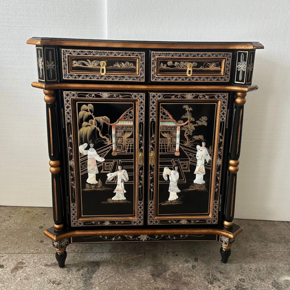 y9.1- beautiful chest cabinet craft shell characters two buckets two doors storage classical painted furniture