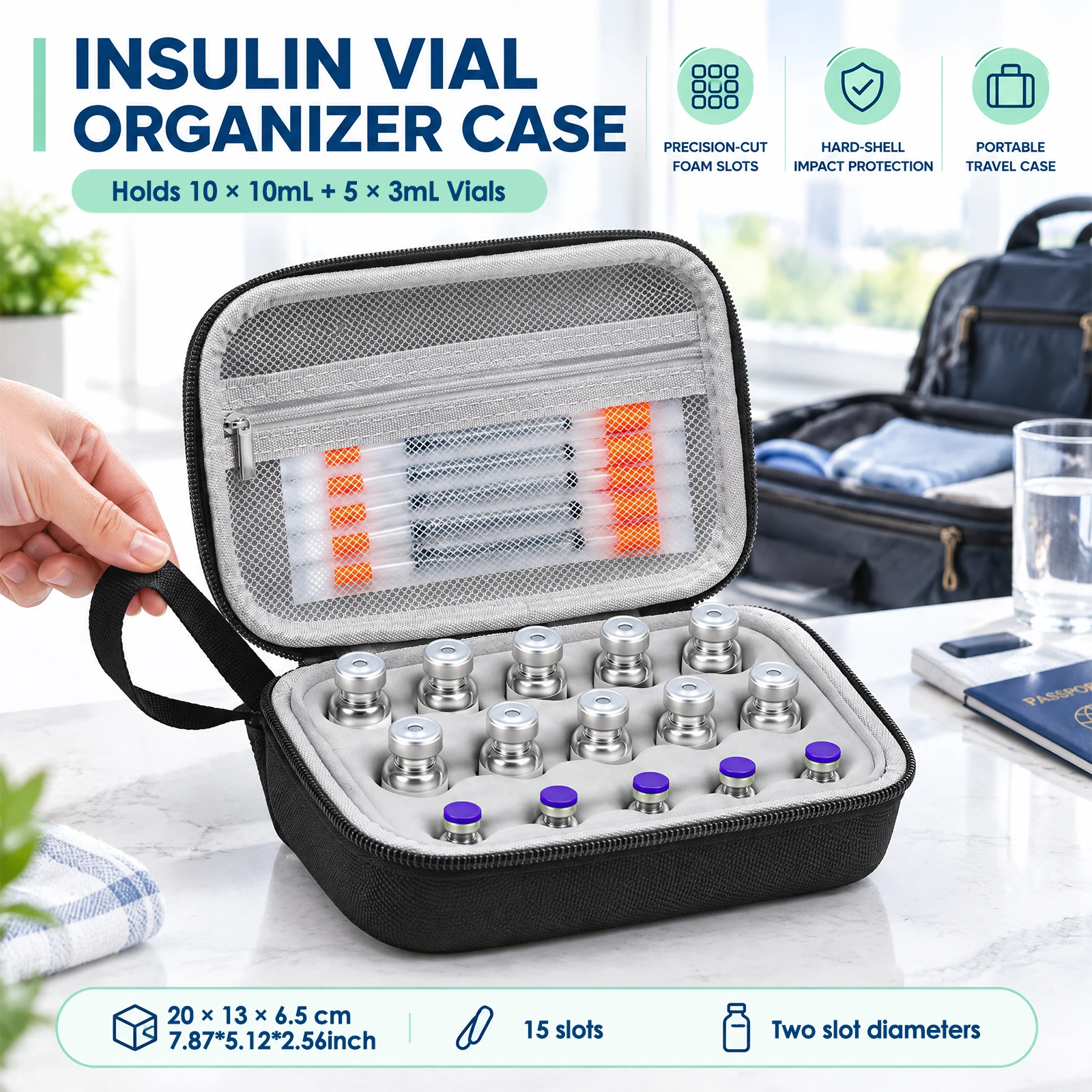 12/15-Slot Insulin Vial Storage Case Hard EVA Shell Anti-fall Insulin Vial Protector Case Travel Diabetic Insulin Vial Organizer