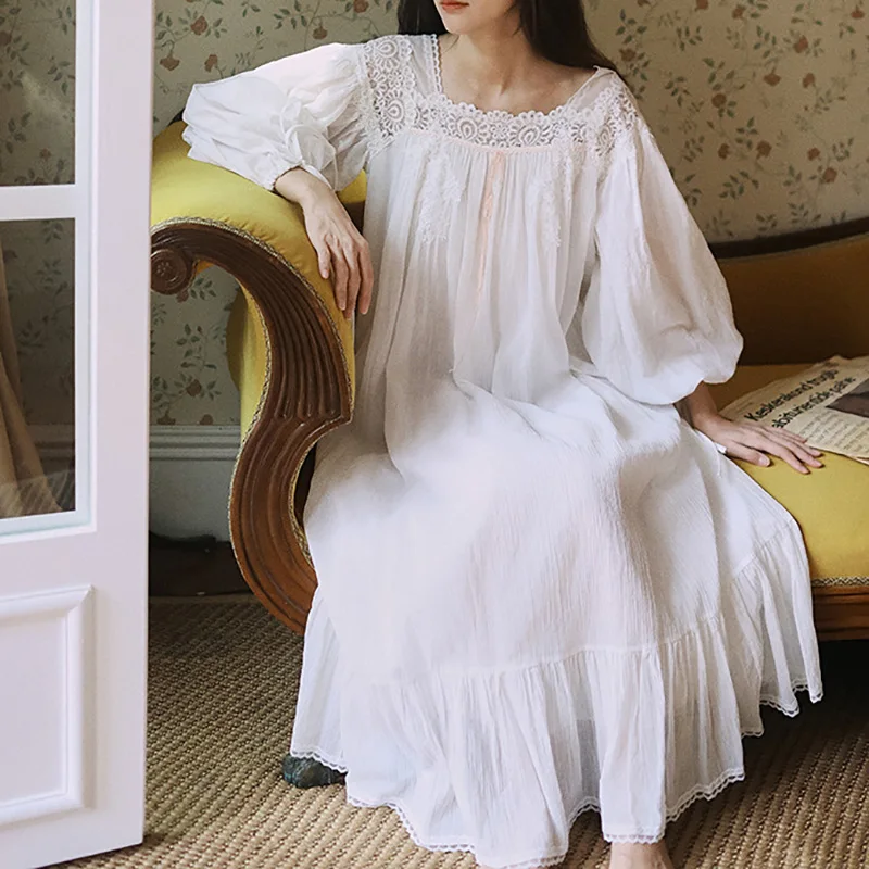 

Women Cotton White Princess Nightgown Sleepwear French Fairy Palace Style Retro Victorian Nightgowns