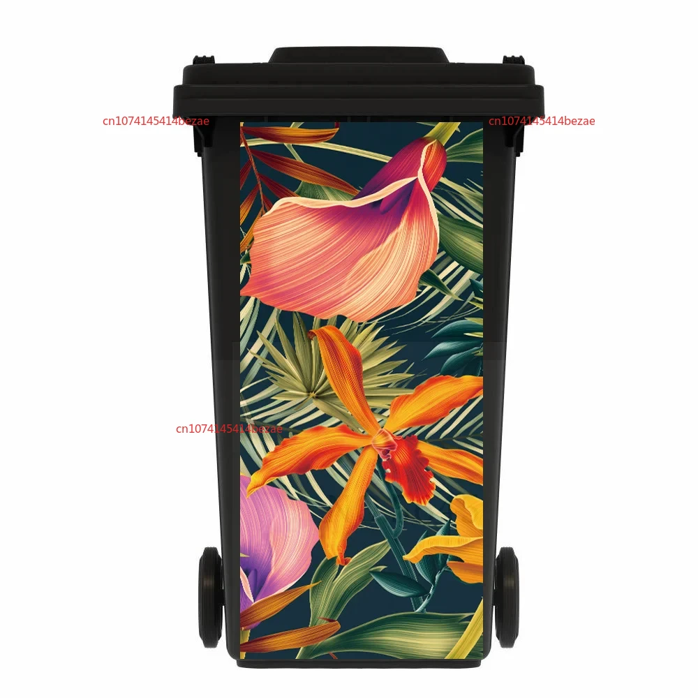 Funny Cat Large Trash Can Sticker Outdoor Dustbin Decoration Wallpaper Self-adhesive PVC Floral Decal Rubbish Bin Sticker Flower view 4