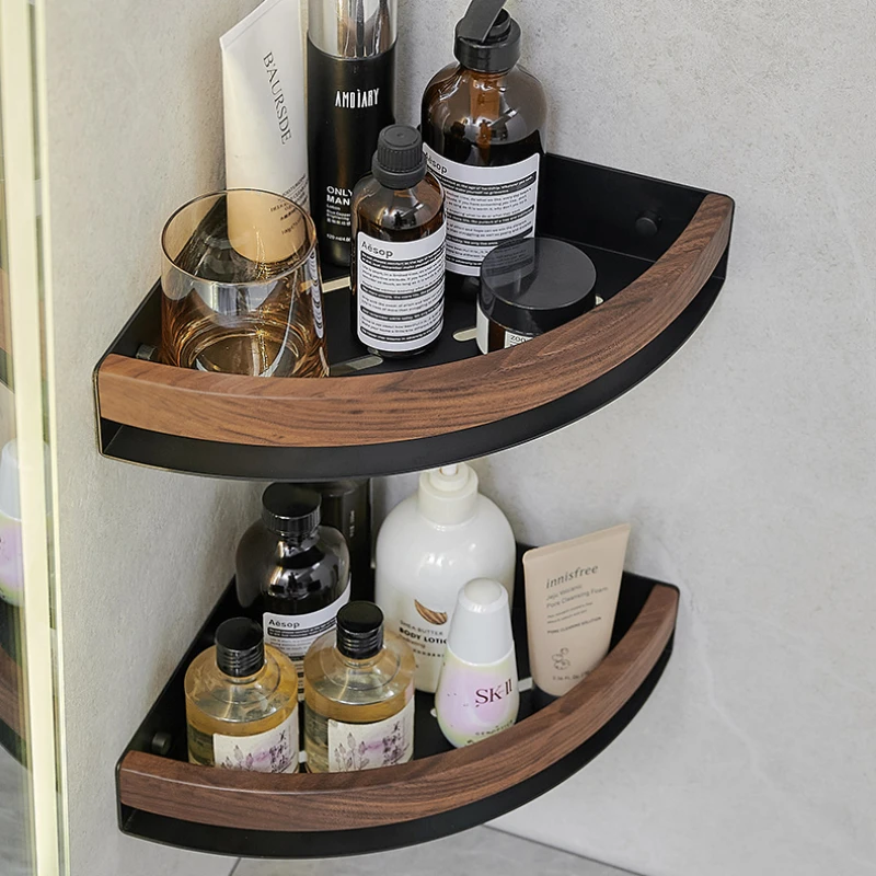 

Rustic Bathroom Shelf No Punching Required Quick Drain Walnut Stand Durable Wall Shelf Shower Storage Bathroom Organizer