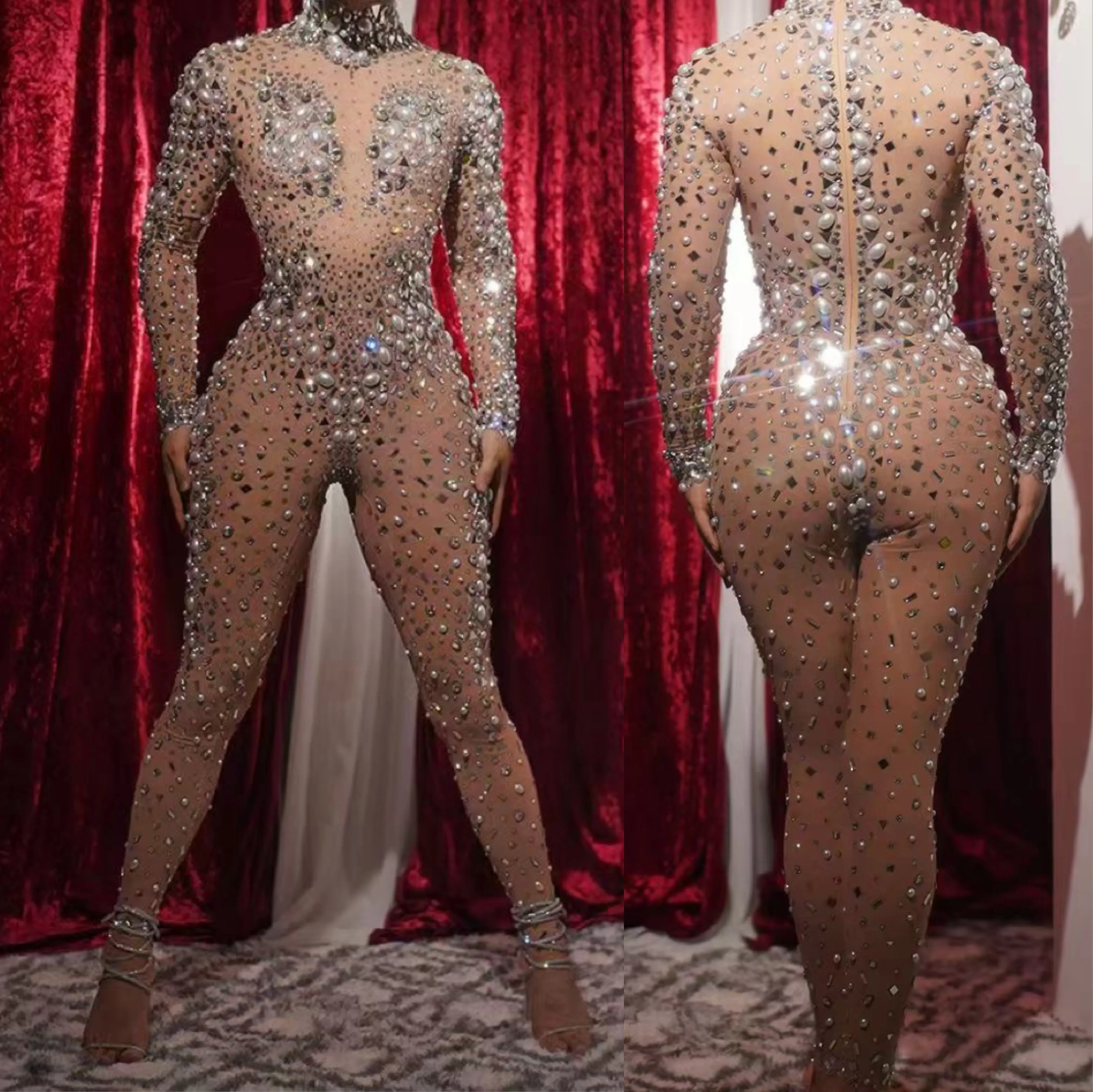 

Women Shining Rhinestones Nude Pearls Mirror Sequins Sexy Nightclub Jumpsuits DJ Prom 2025 Drag Queen Costumes