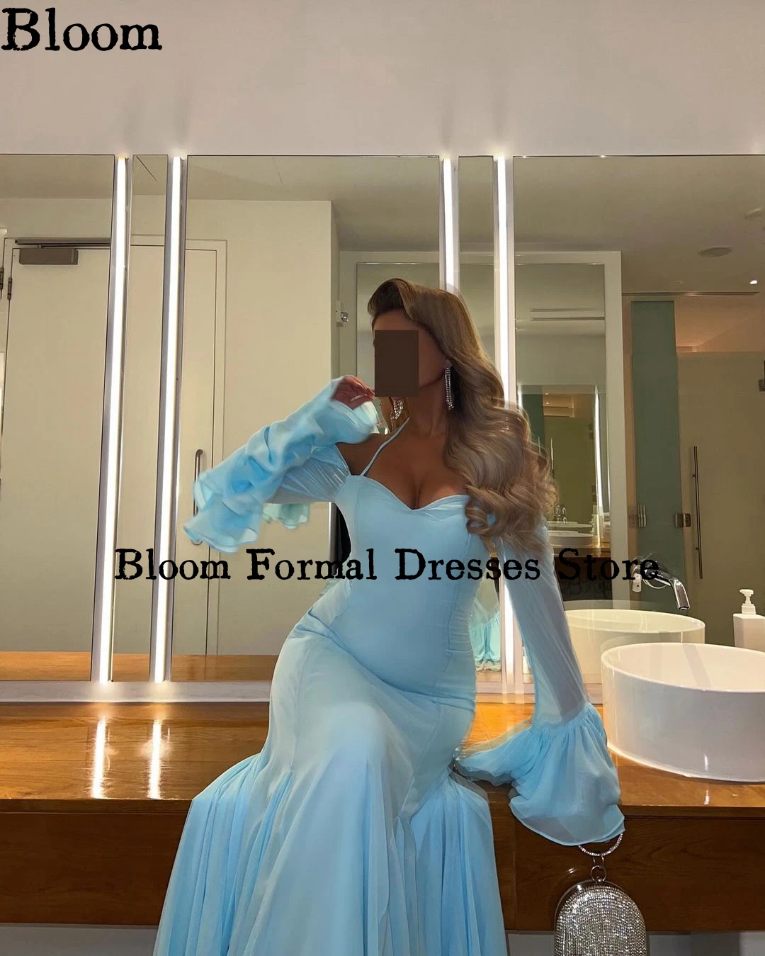 Bloom Customized Flare Sleeves Prom Dresses Sky Blue Chiffon Simple Evening Dresses Wedding Party Dress vestidos para mujer