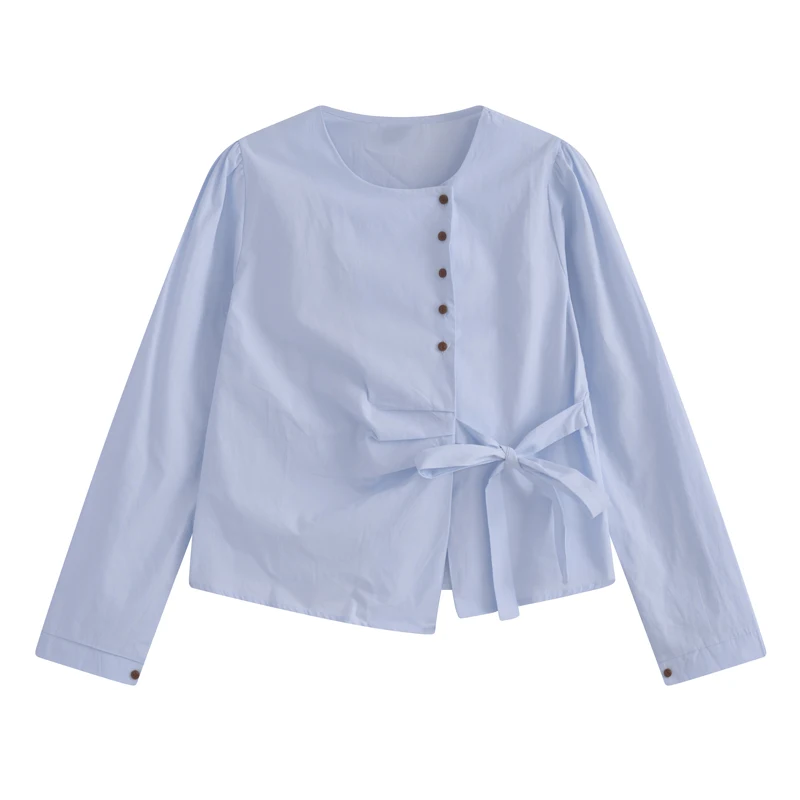 MiiiiX Franse Elegante O-hals Onregelmatige Lange mouwen Vrouwen Blouse 2024 Herfst Ontwerp Side Lace-up Taille Top Vrouwelijke kleding