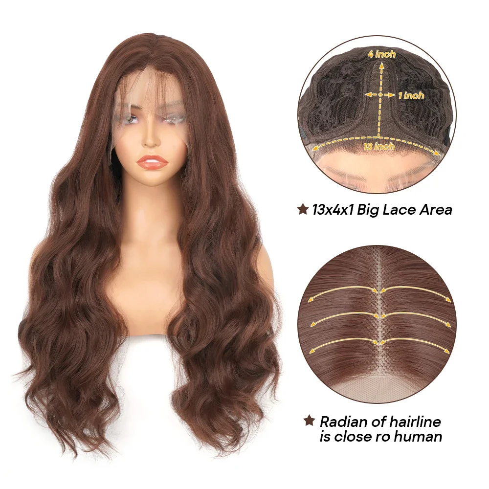 Brown Body Wave Lace Front Wigs Synthetic 180% Density Body Wave Transparent 13x4 Lace Front Wigs For Black Women Pre Plucked