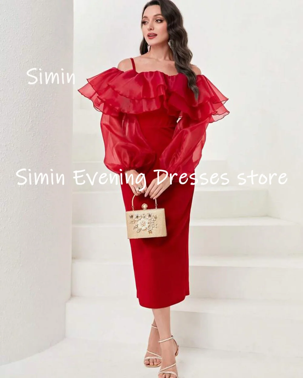 Simin Satin Mermaid Boat Neck Formal Prom Gown Ruffle Populer Tea-length Evening Elegant Party dresses for women 2023