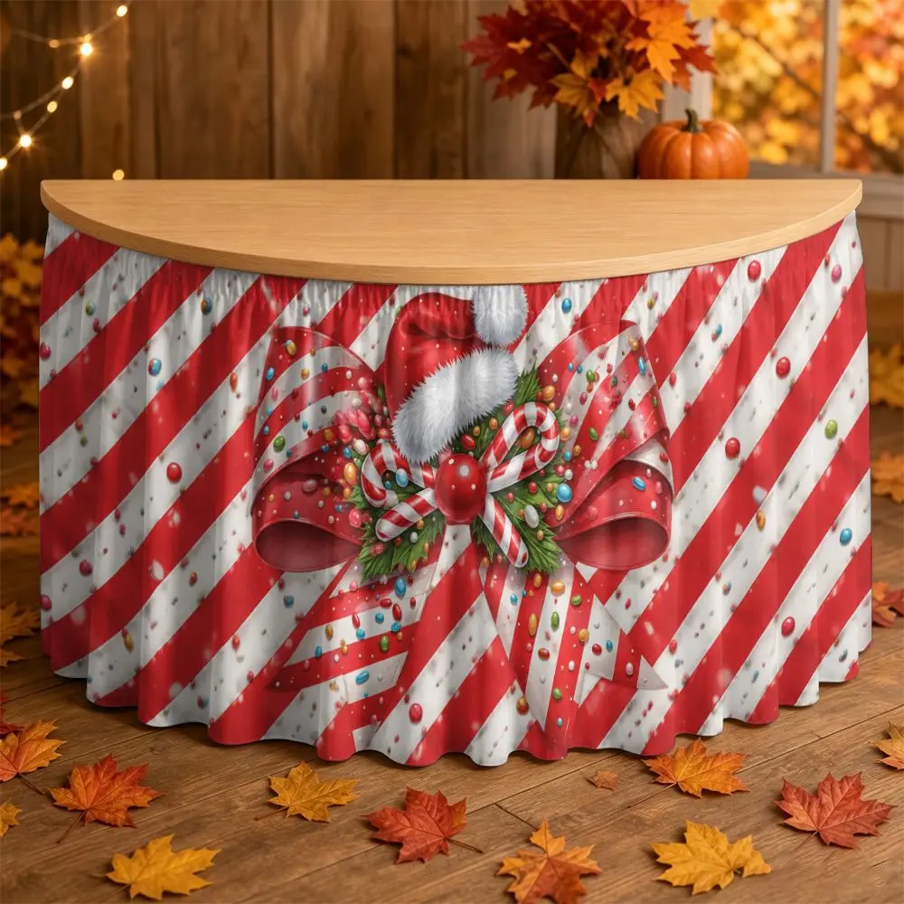 1 Christmas party table dress with red and white stripes, Christmas party buffet table decoration
