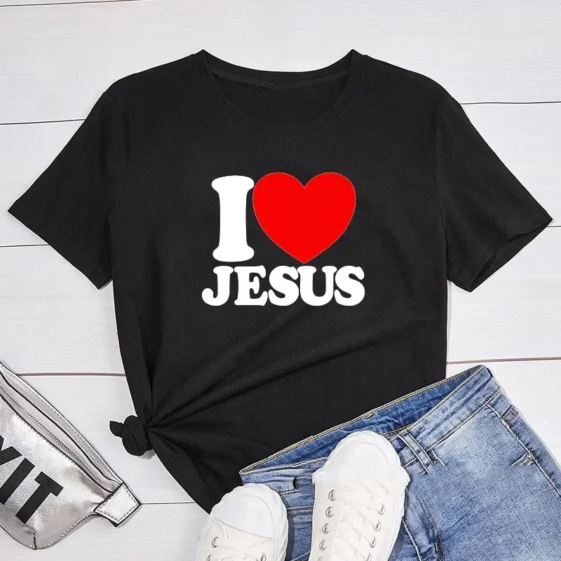 J'aime jésus femmes t-shirts col rond foi chrétienne église Bible T-Shirt à manches courtes T-Shirt haut graphique T-Shirt