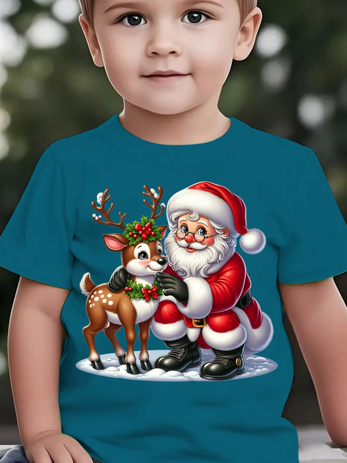 Christmas Summer Children's T-shirt with Cartoon Pattern Printing of Santa Claus and Reindeer in The Snow Parent Child Top