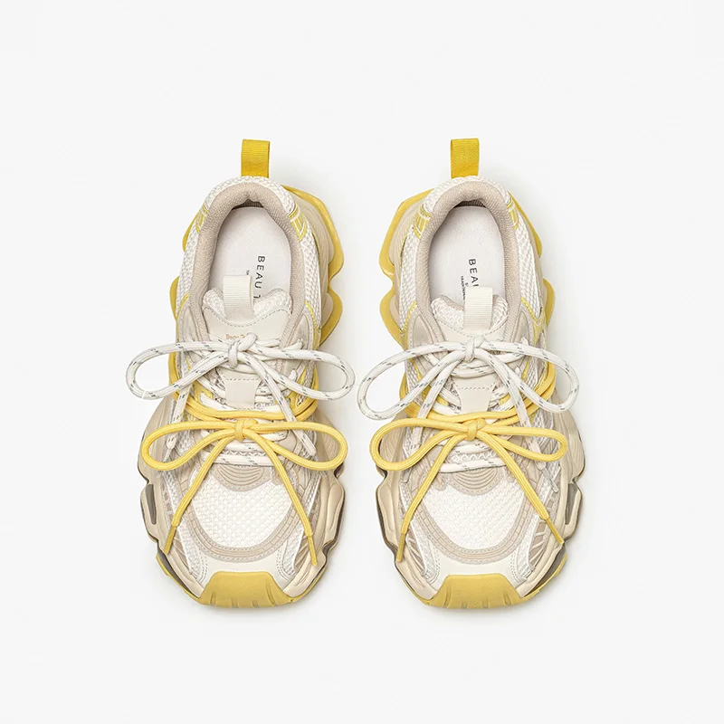 Women's Chunky Sneakers - Lace-Up Mesh and Synthetic Leather Trainers