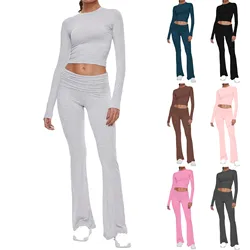 Women's Yoga Sets Crew Neck Long Sleeve Crop Tee and Low Rise Flare Pants Tracksuit Slim Fit Two Piece Outfits