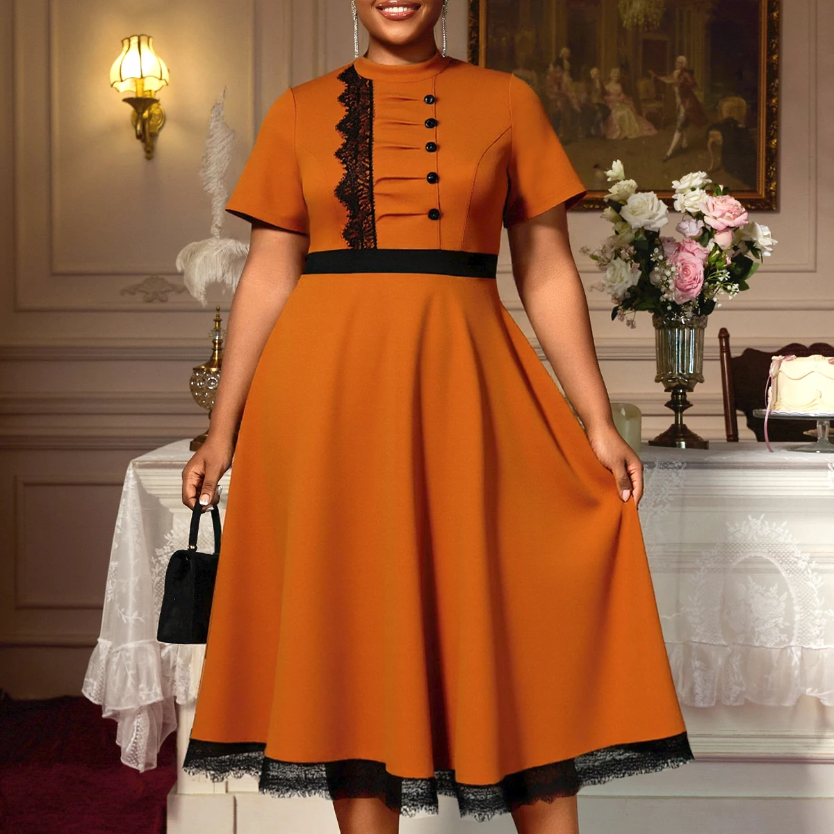 Vintage Style A Line Dress for Women with Lace Trim Button Front Perfect for Church Weddings Cocktail Party and Formal Occasions