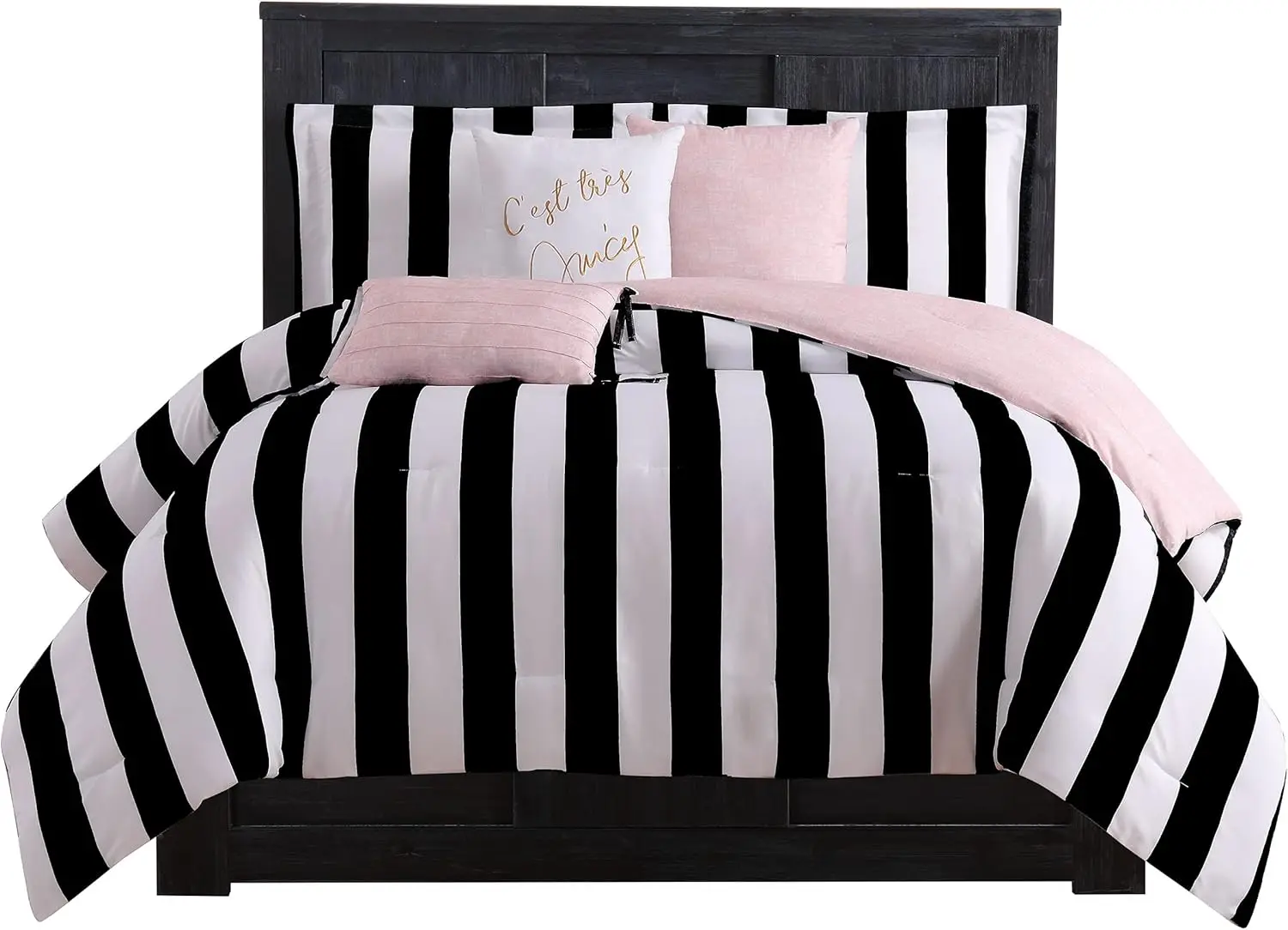 

Stripe Reversible Bedding Set - Queen Size - Black and White Stripe Print – 6 Piece Set – Includes 1 90" x 90" Comforter