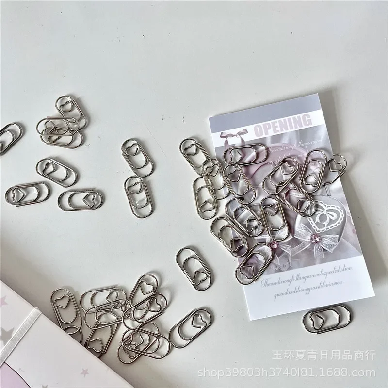 30Pcs Y2K Advanced Sense Silver Metal Heart Paper Clip Girl Kpop 3-inch Photo Card DIY Packing Folding Back Card Fixed Decor Pin