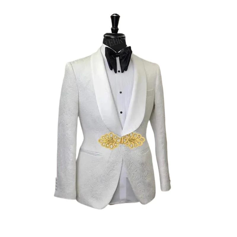 Men Suit Jacket with Gold Mandarin Button 1 Pc Floral Wedding Blazer Shawl Lapel Slim Fit Fashion African Style Male Suit Jacket