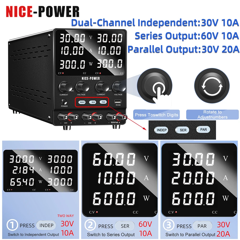 nice power fonte de alimentacao dc de canal duplo fonte de laboratorio ajustavel serie reguladora de tensao funcoes paralelas 30v 10a 01