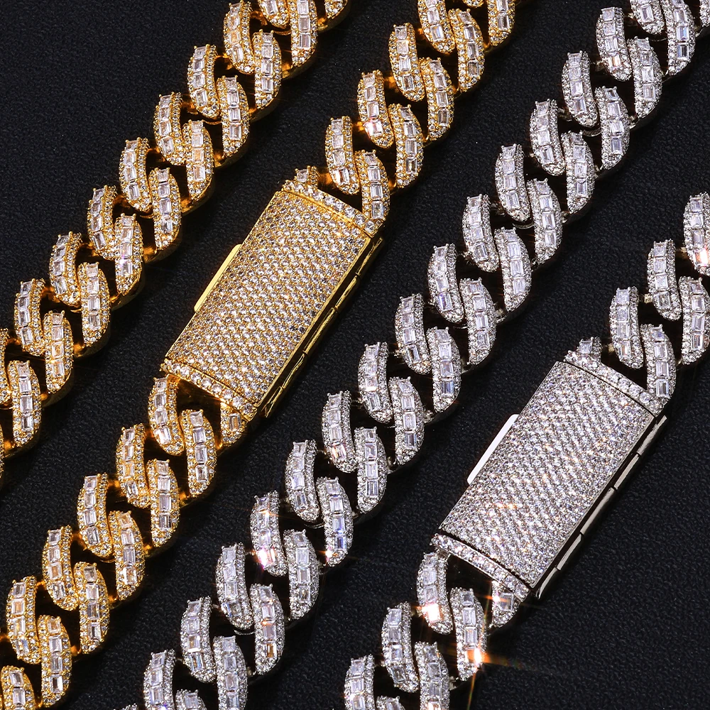 18mm NUOYA 925 Silver Cuban Chain Iced Out Flip Buckle VVS Moissanite Baguette Mixed Inlay Cuban Necklace Hip Hop Jewelry.