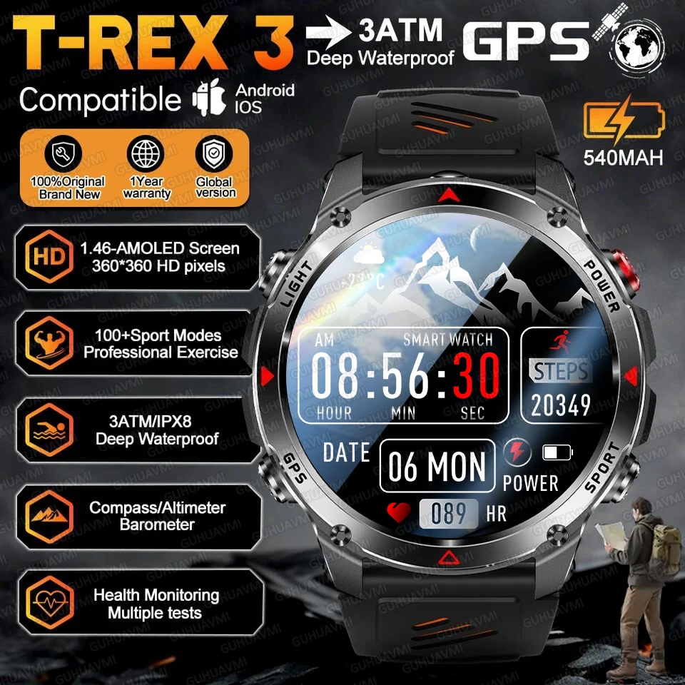 

2025 New GPS T-Rex 3 Sports Smart Watch AMOLED Flashlight 3ATM Waterproof Fitness Trackr BT Call Smartwatch Men Women Swim Clock