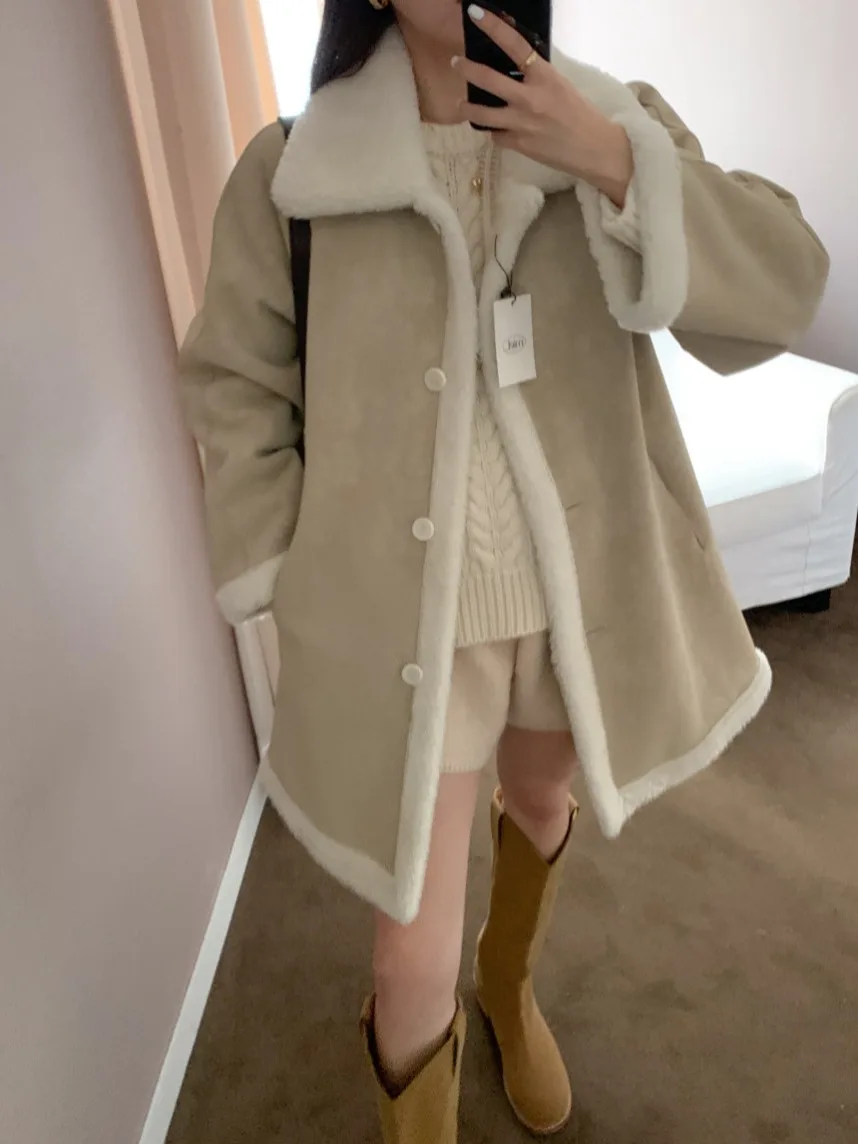 

Ретро-куртка унисекс из кожи и меха с цветными блоками, двусторонняя, свободного кроя, с длинными рукавами, хлопковая, для зимы, новинка