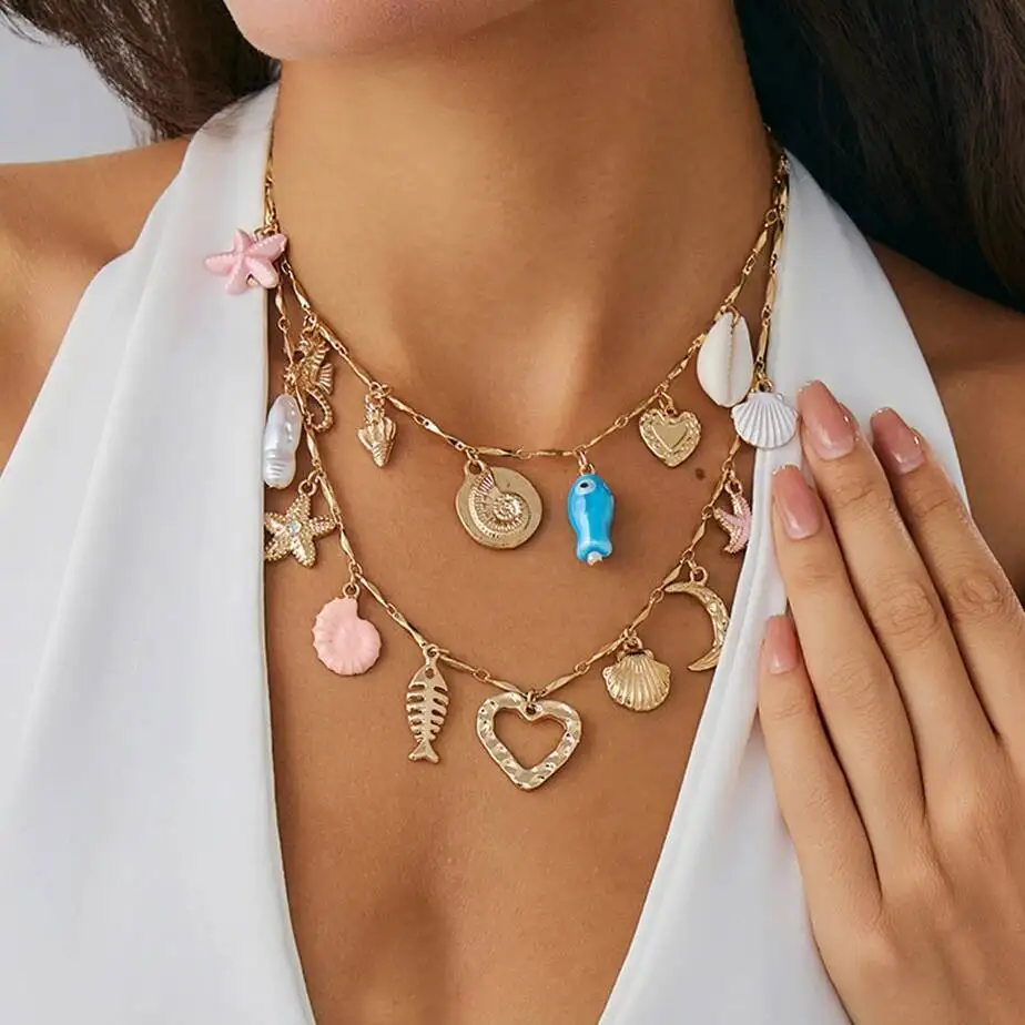 Salircon Boho 2Pcs/Set Starfish Love Heart Scallop Pendant Choker Necklace Women Summer Gold Color Adjustable Necklace Jewelry