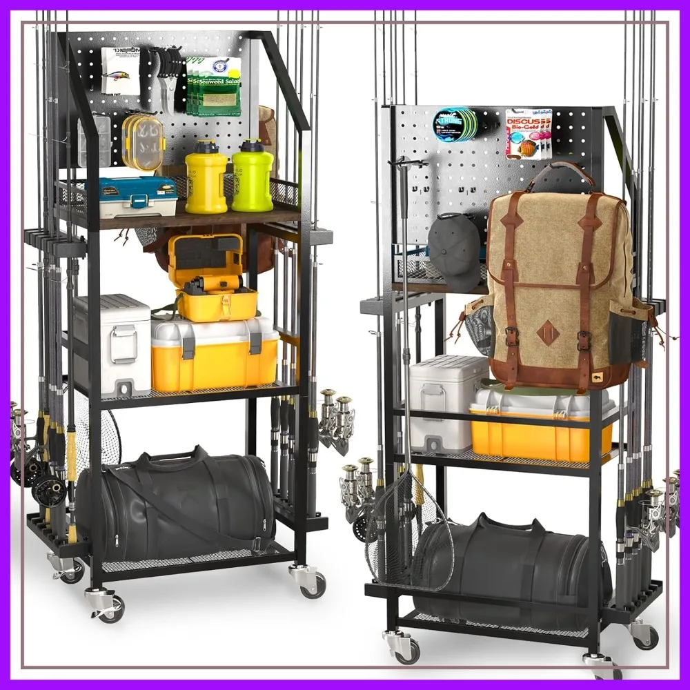 

3-Tier Rolling Fishing Rod Rack with Pegboard, Lockable Wheels, 10 Hooks, Holds 12 Rods, Garage Storage Cart