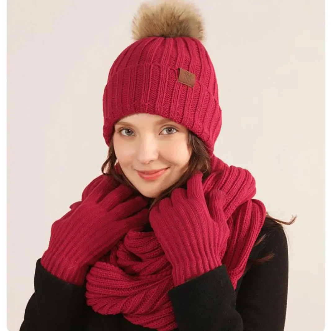 Conjuntos cachecol e luva chapéu pompom de pele monocromática, Gorros de malha, Snood longo bonito, Conjuntos de inverno quente, 3pcs