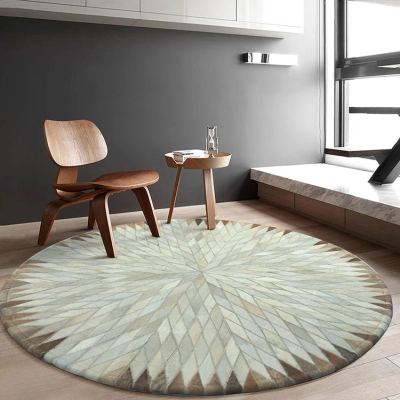 

Nordic Modern Cowhide Mosaic Patchwork Round Carpet Living Room Sofa Tea Table Cushion Bedroom Bed Blanket Large Area Rug