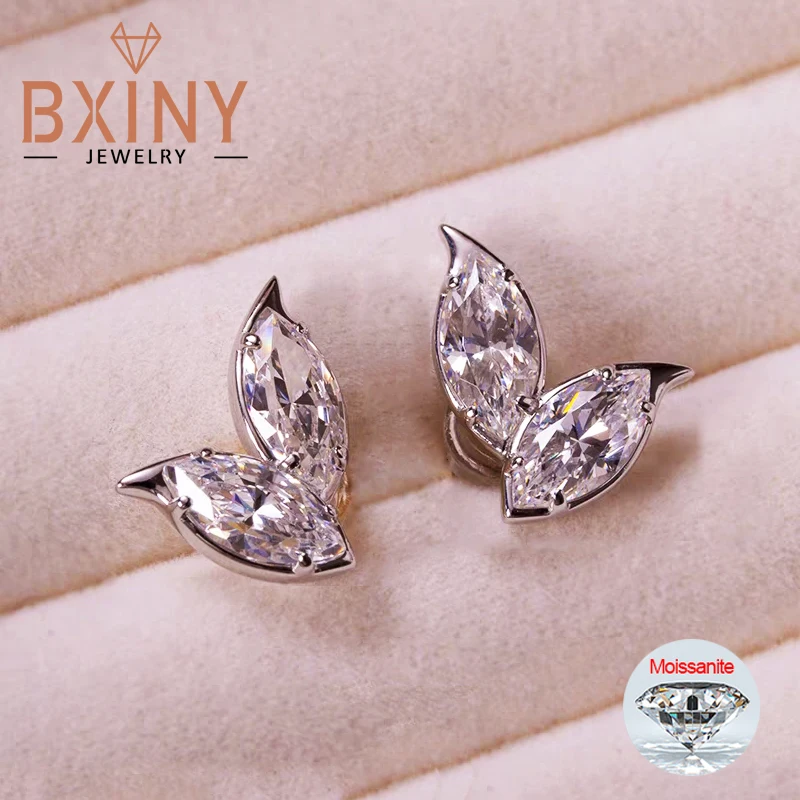 

BXINY Double Leaf Full Moissanite Stud Earrings S925 Silver Marquise Cut Diamomds Ear Studs for Women Wedding Gifts Fine Jewelry