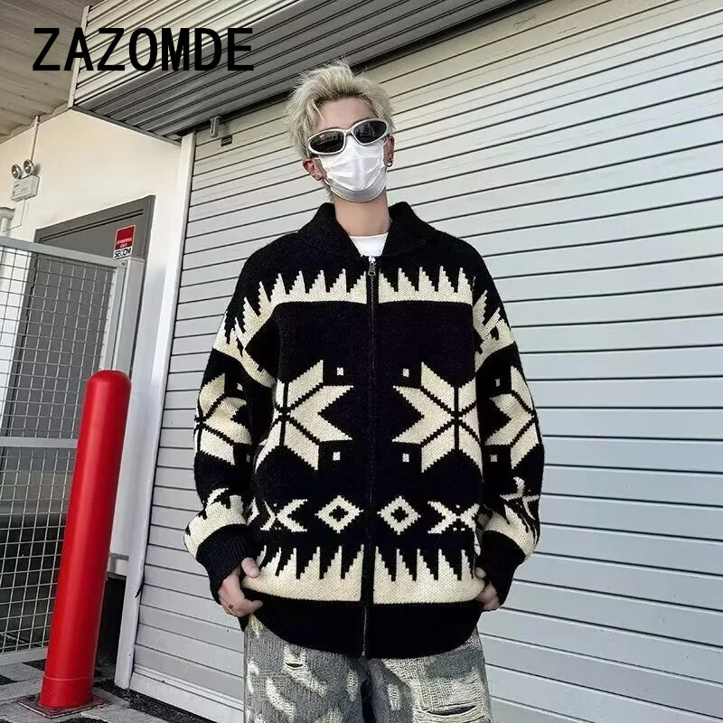 ZAZOMDE Men Knitted Cardigan Sweaters Turn Down Collar Warm Sweater Coats Autumn Winter Contrast Sweaters Jackets Knitwear Coat