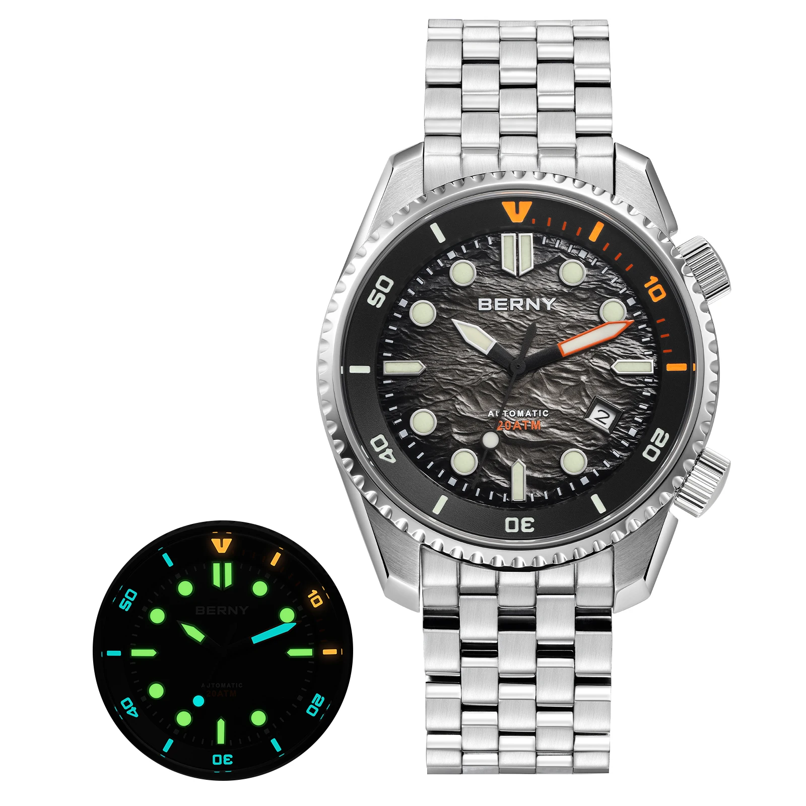 BERNY Automatisch duikhorloge voor heren Topluxe saffier 316L staal blauwe wijzerplaat 200M waterdicht mechanisch duiken herenhorloges