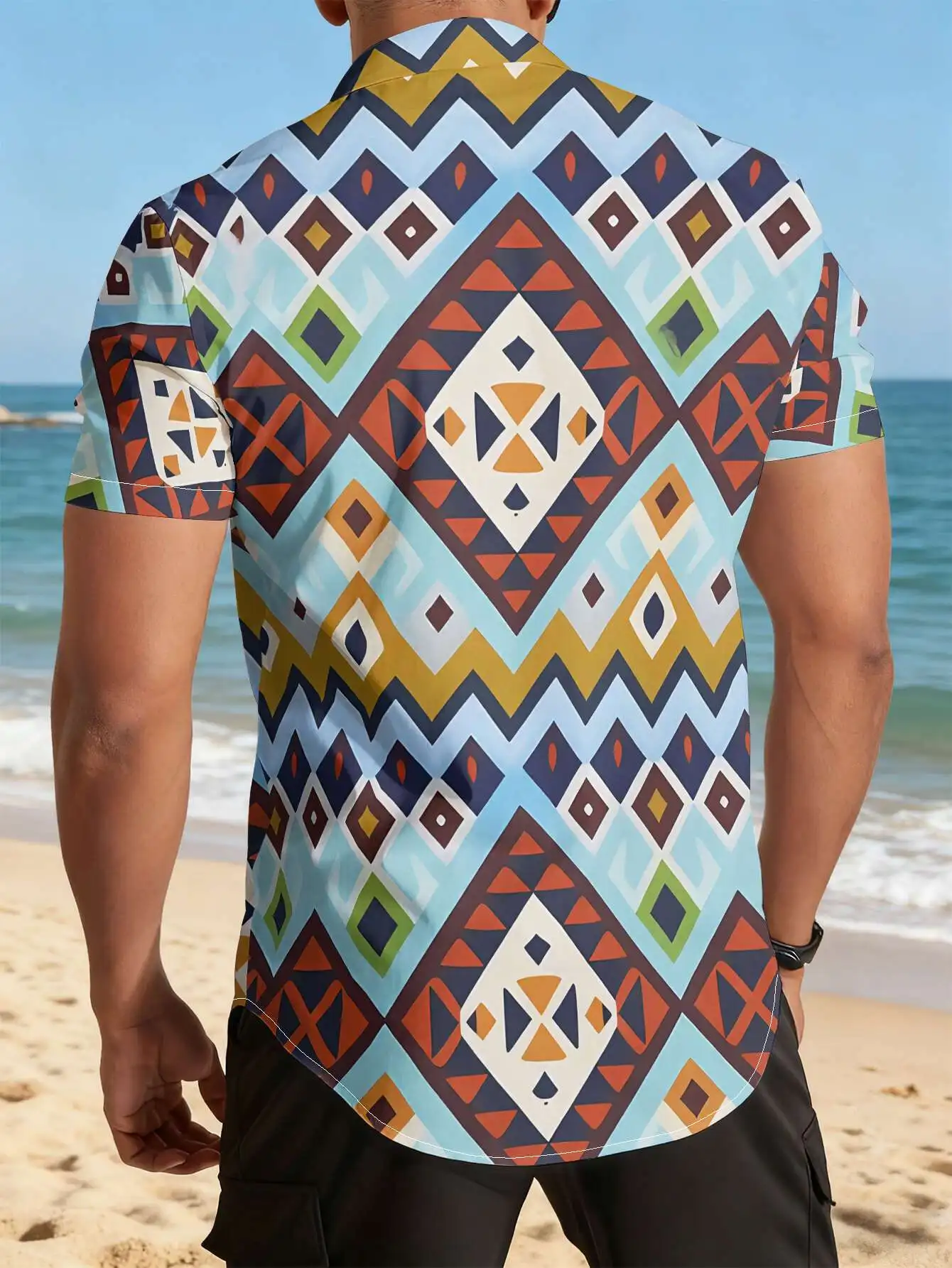 Men's Hawaiian Short Sleeve Shirt Ethnic Geometric Rhombus Allover Print Turn Down Collar Casual Beach Holiday Top Mens Clothing